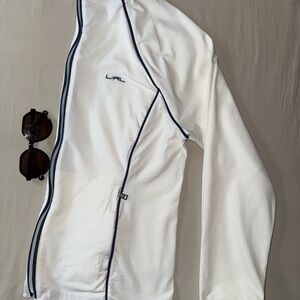 White Zip Up Sweater with Navy Trim